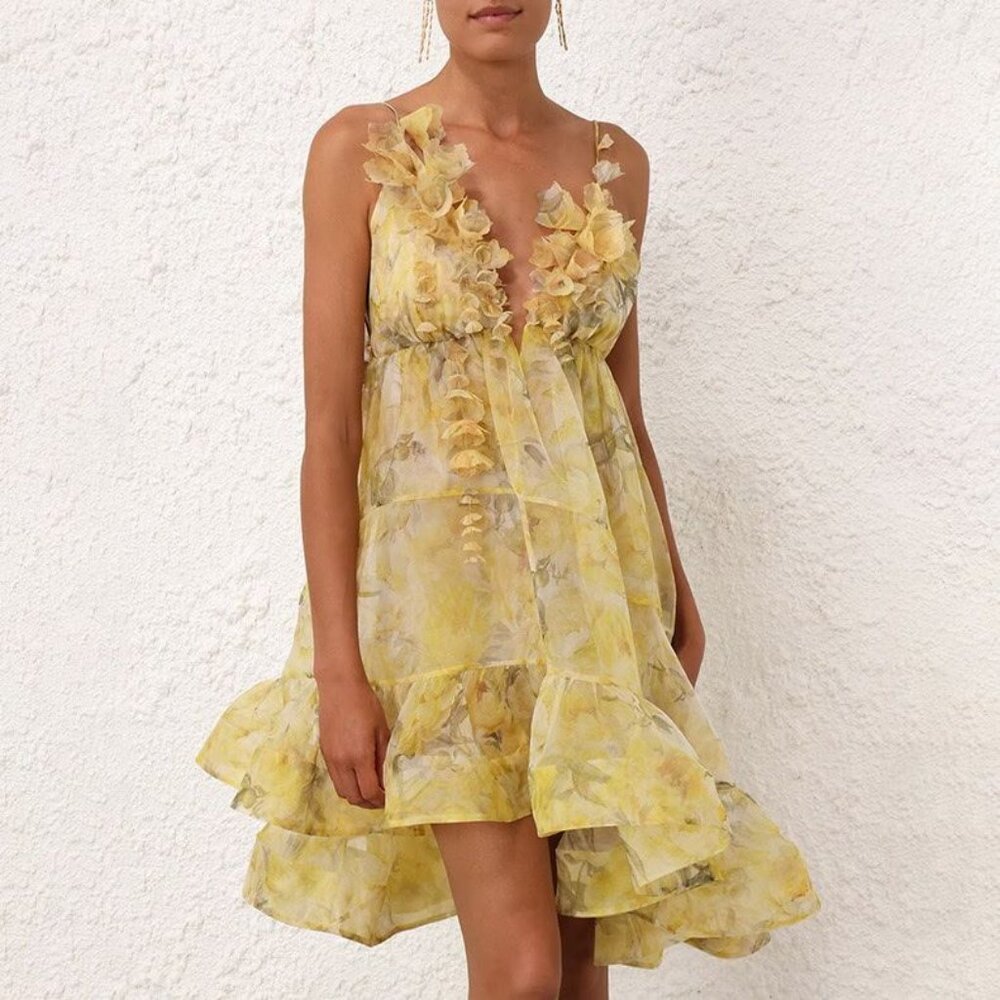 Zimmermann V-neck Sleeveless Flower print Sling Short skirt mini dress